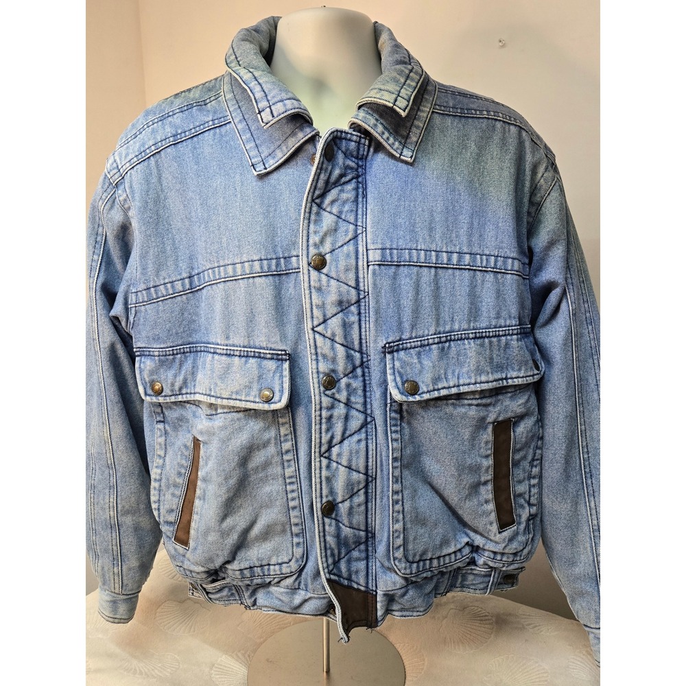 Vintage Horizon Denim Bomber Jacket Light Wash Leather Trim Southwestern Lined